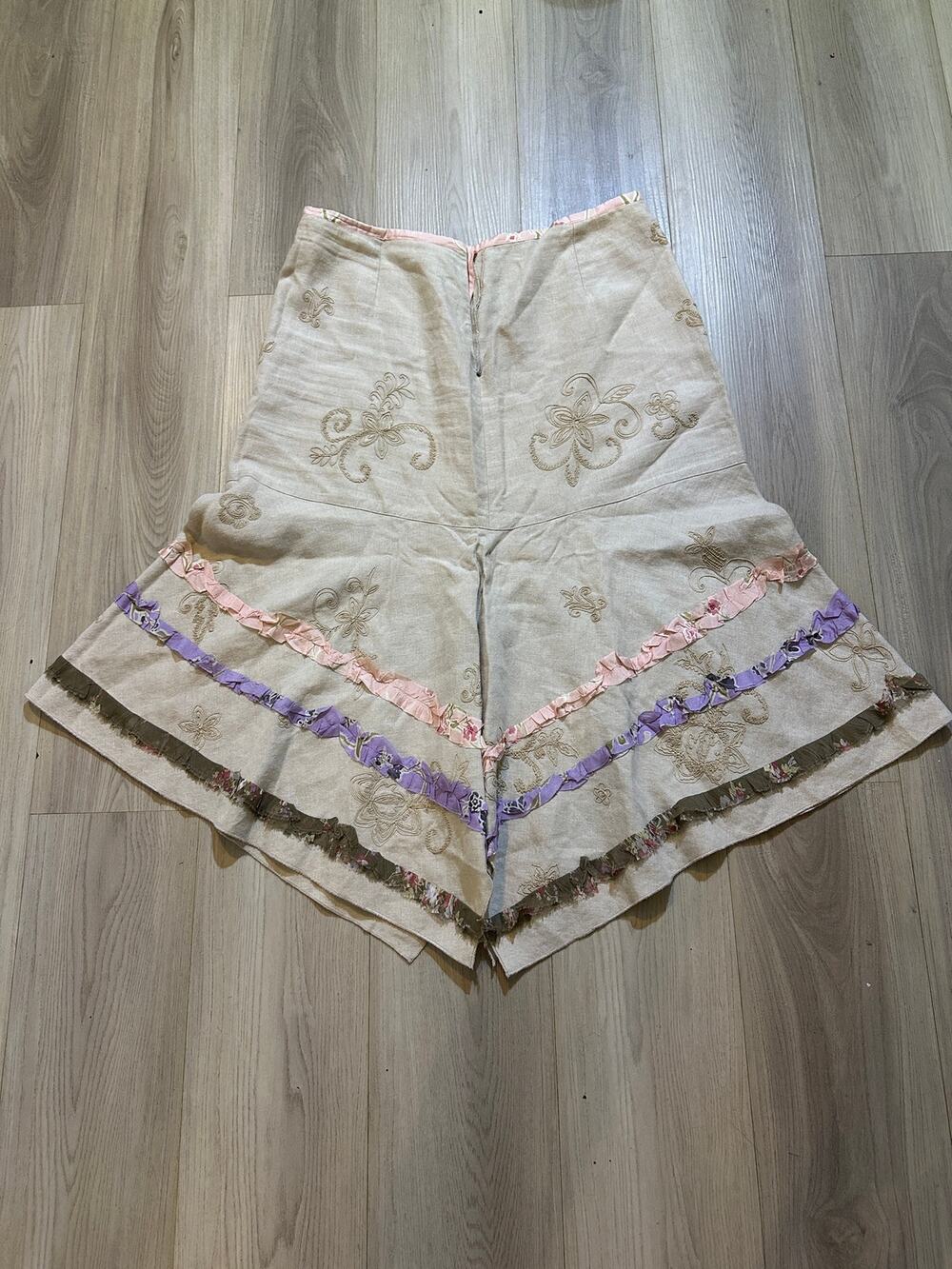 J. Jill Embroidered Linen Silk Trim Skirt Womens 12 Beige Floral Ruffle Boho